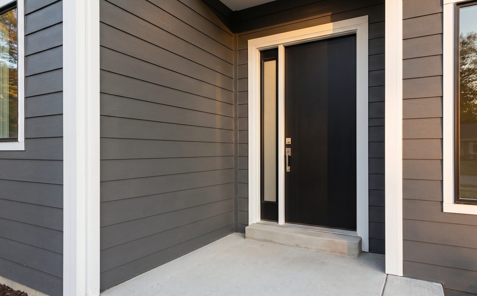Matte-black fiberglass front entry door with vertical sidelight on a Clayton Hardie-board contemporary home