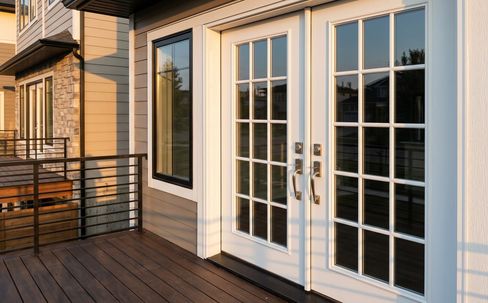 White fiberglass out-swing French doors with twelve divided lites off a Clayton kitchen onto a wood deck