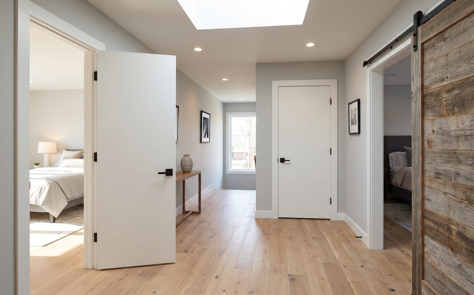 Three new interior installs on a Clayton second-floor landing: flush-panel bedroom door, flush-panel hallway door, and reclaimed-wood barn door on a black track