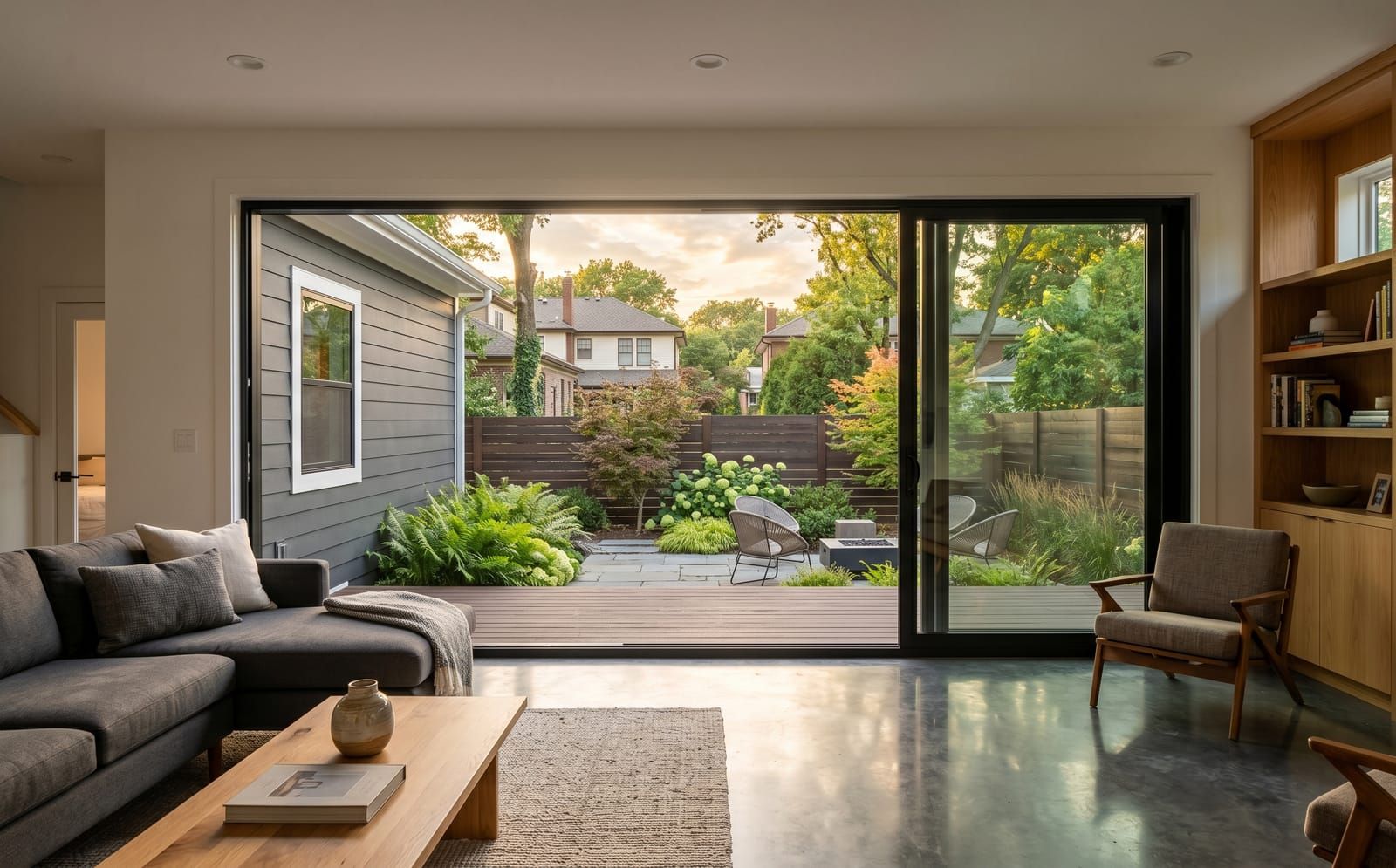 Wide multi-panel sliding glass patio door open from a Clayton family room onto a stone patio backyard