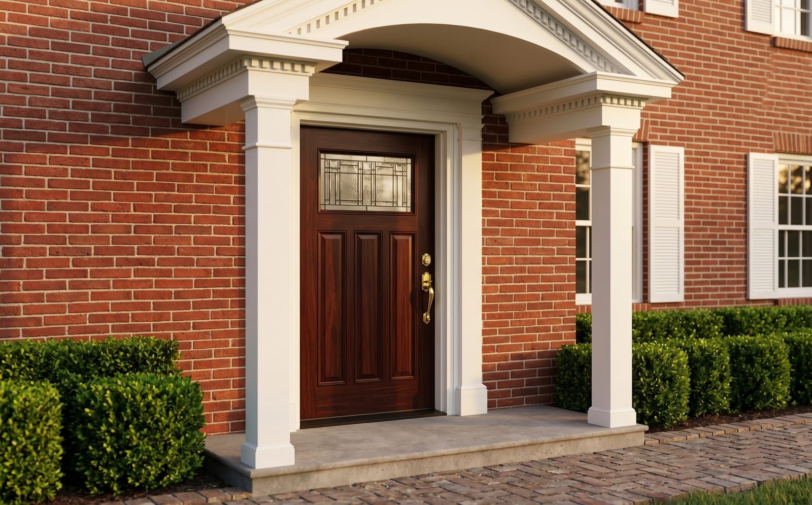 Stained mahogany front entry door with leaded-glass top on a Ladue red-brick colonial under a white-columned portico