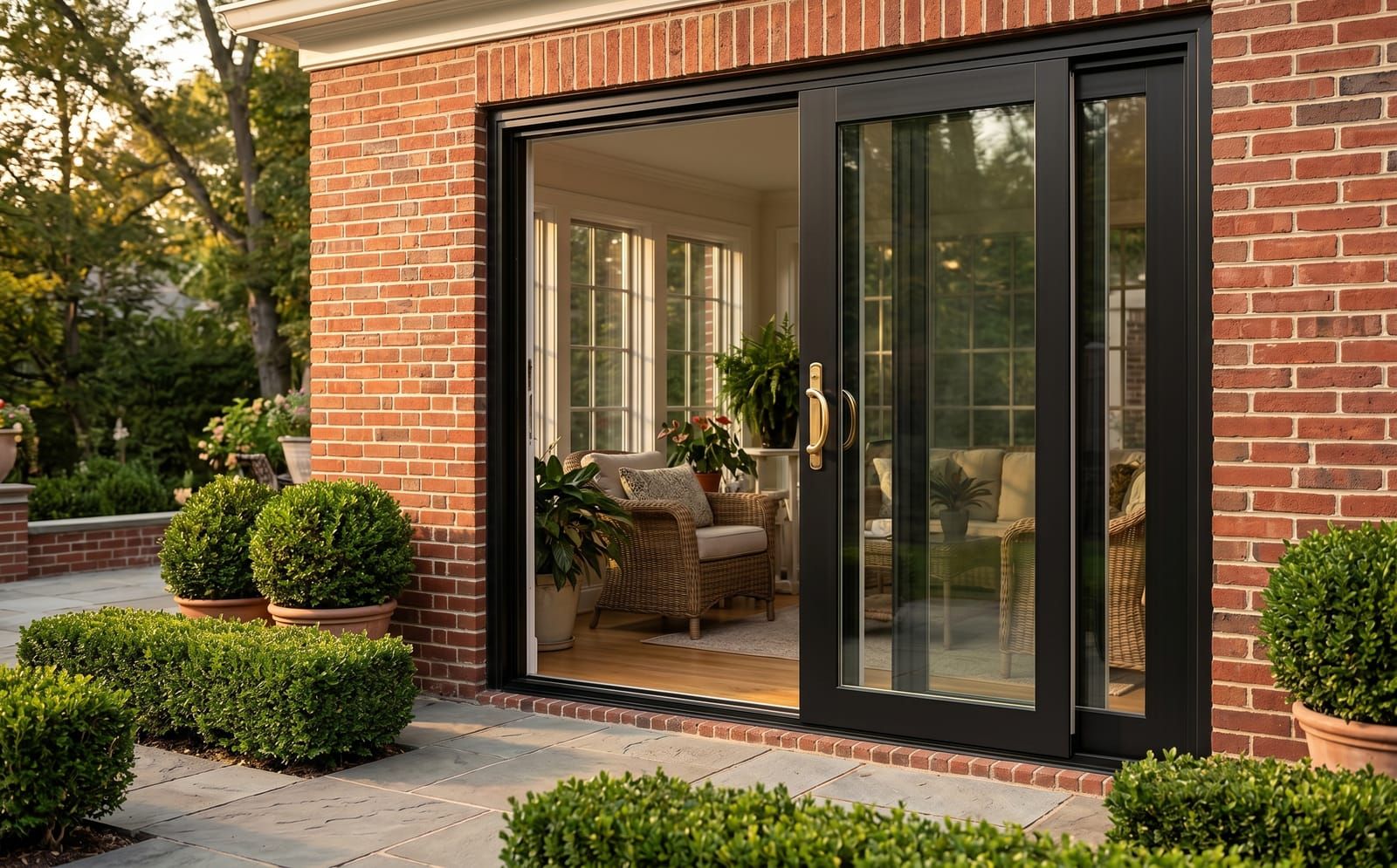 Black-framed two-panel sliding patio door on a Ladue colonial brick wall opening onto a stone terrace