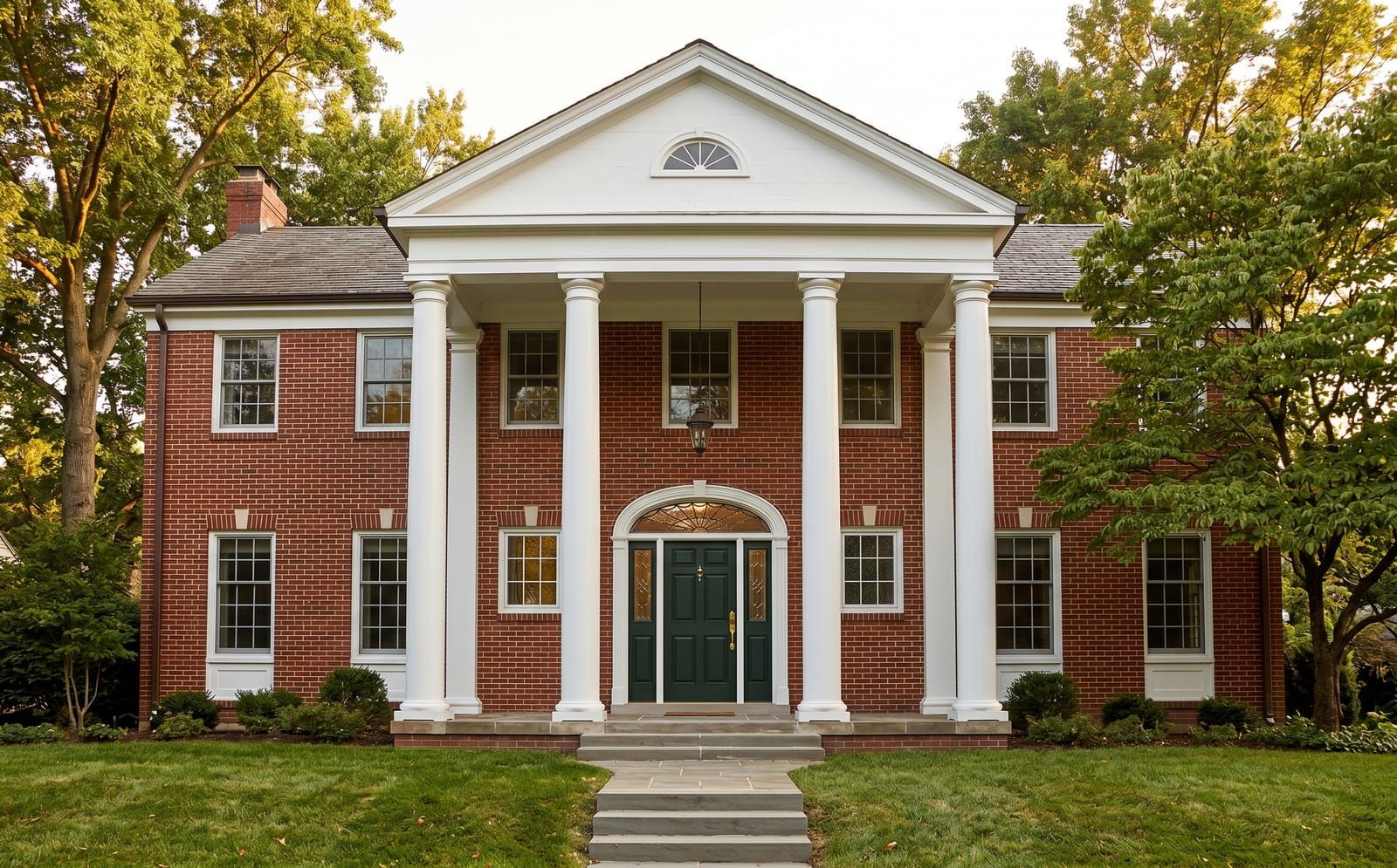Stately red-brick colonial Ladue home with white columns and a forest-green front entry door under a pedimented portico