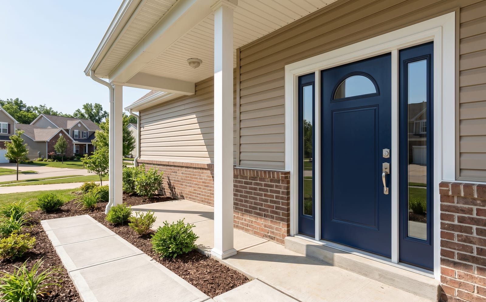 Navy blue fiberglass front entry door with half-circle glass top and sidelight on a St. Charles County two-story home with tan vinyl siding and brick wainscot