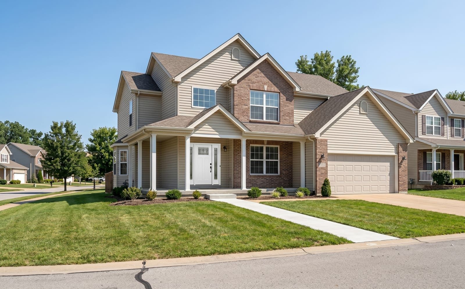 A 2000s St. Charles County two-story home with tan vinyl siding, brick accents, and a freshly installed white fiberglass front entry door