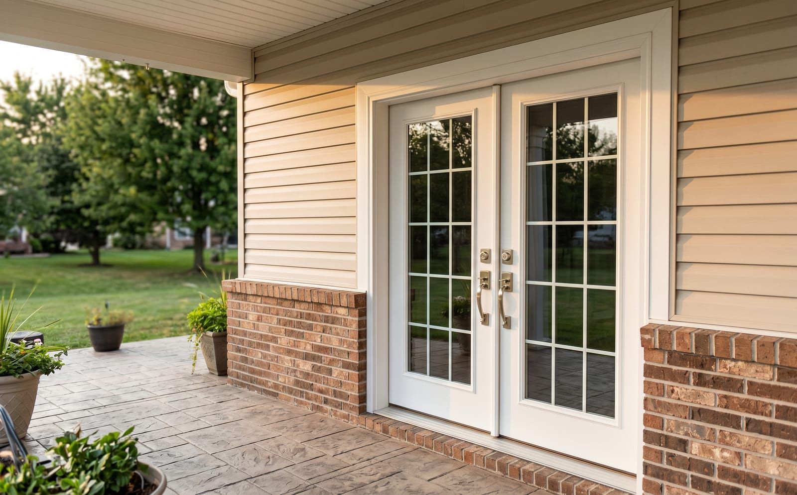 White in-swing exterior French doors with nine divided lites on the back of a St. Peters vinyl-sided home opening to a stamped-concrete patio