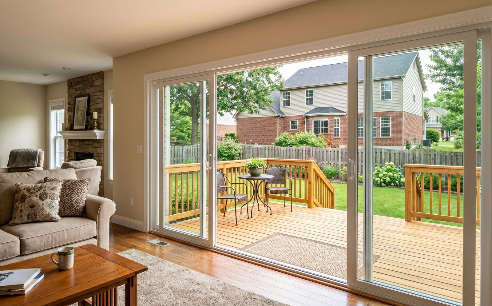 View from a St. Peters family room through a wide sliding glass patio door onto a wood deck and fenced backyard