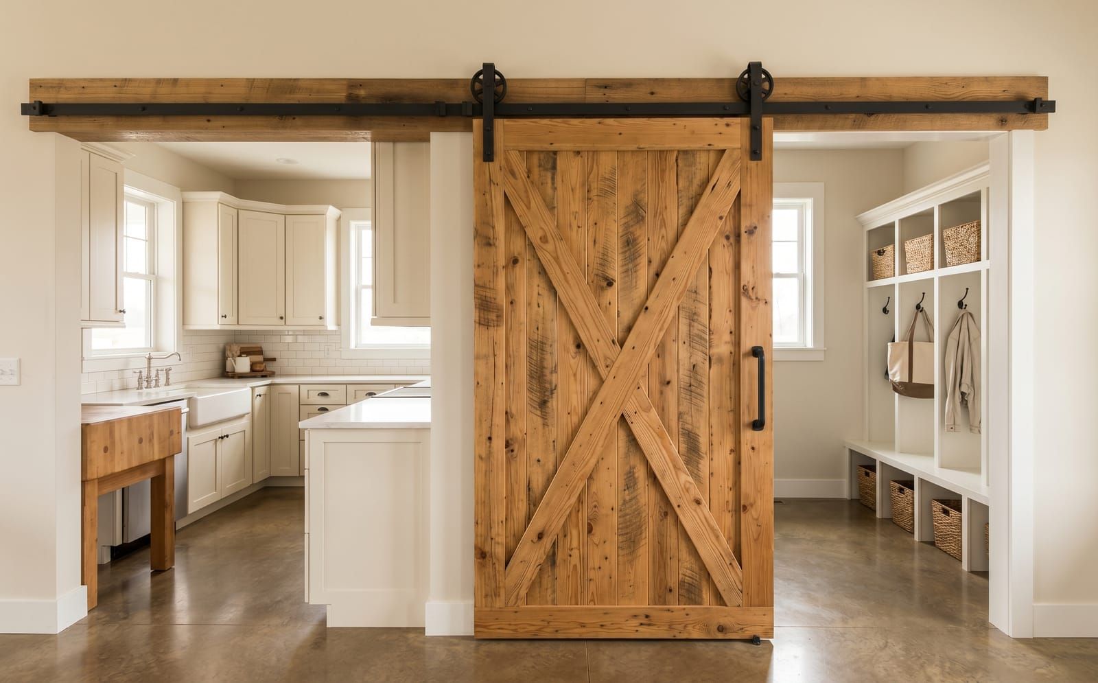 Reclaimed-wood sliding barn door on a matte-black steel track between a kitchen and mudroom in a Wentzville farmhouse home