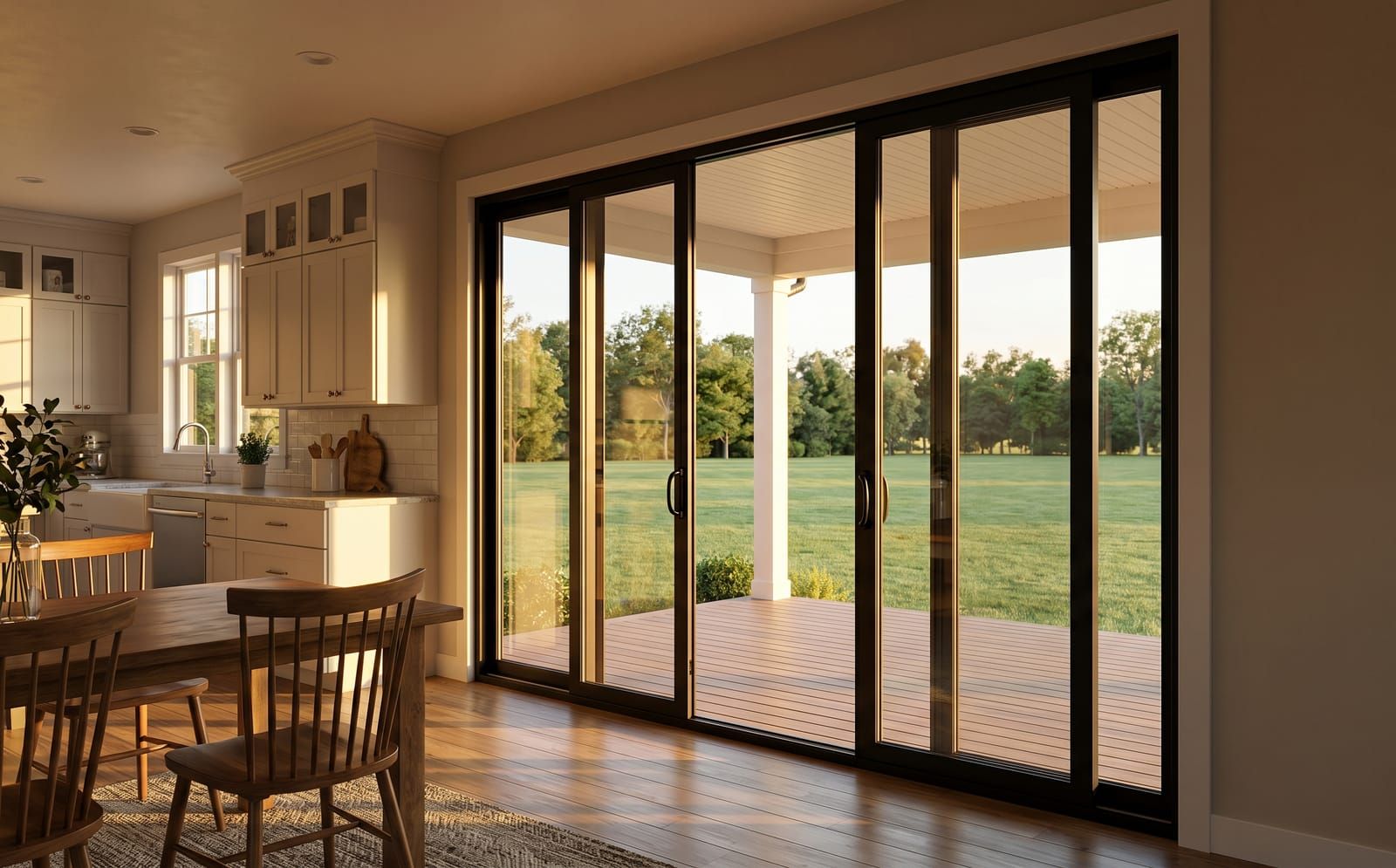 Black-aluminum four-panel sliding patio door on the back of a Wentzville farmhouse opening to a covered back porch