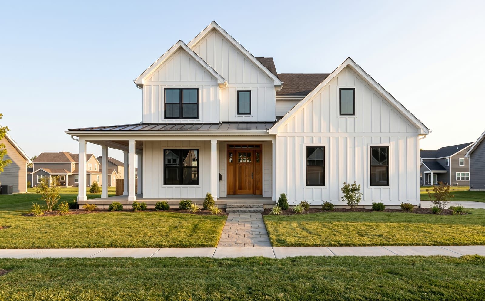 A new-construction Wentzville farmhouse-style home with white board-and-batten siding, black-framed windows, and a natural-stained wood front entry door