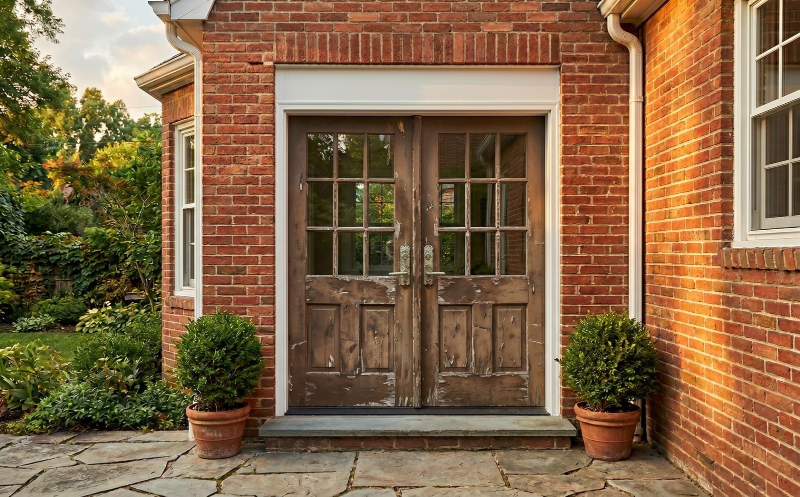 The original French door pair before replacement — peeling wood, weathered, in the same brick opening