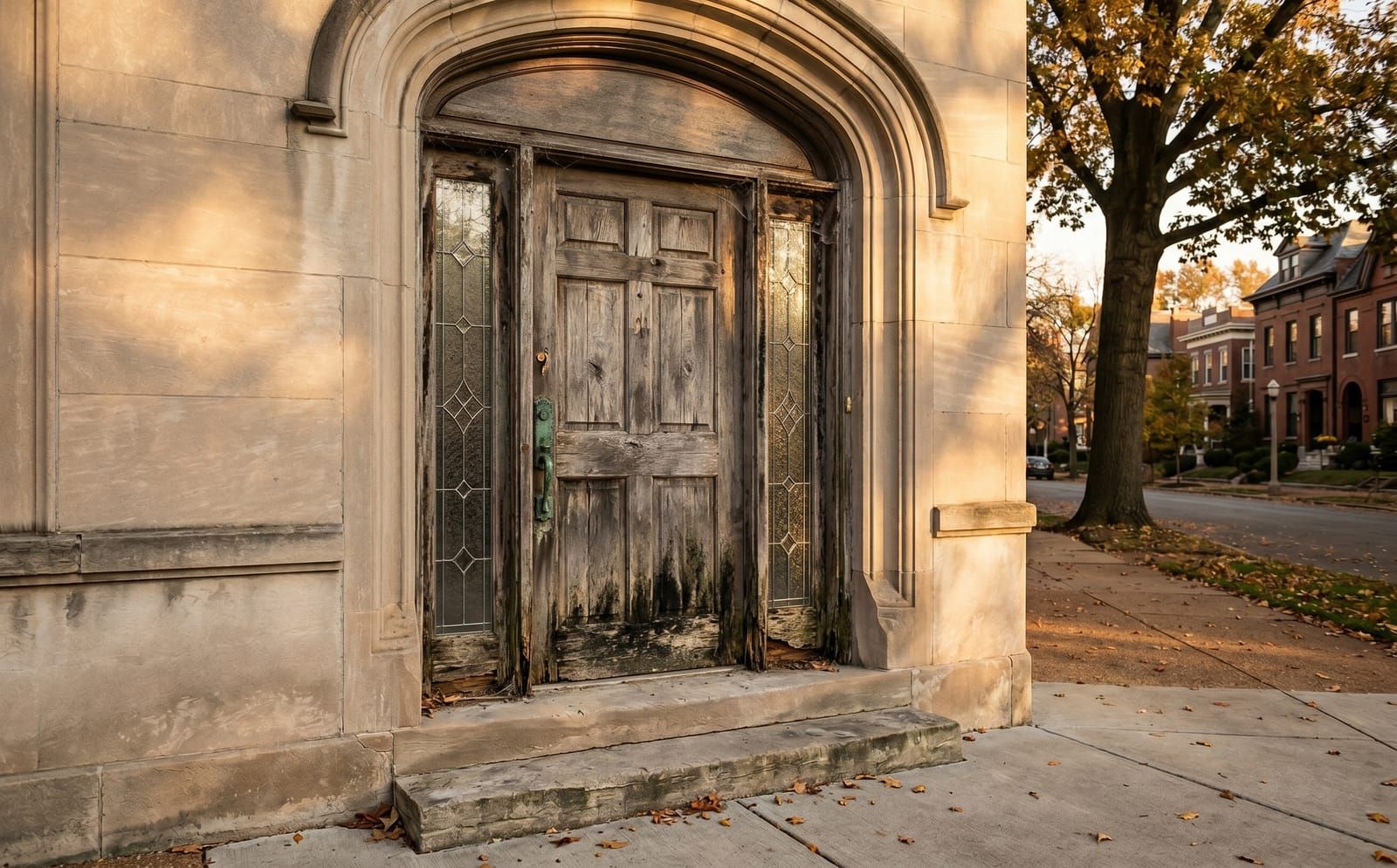 The original front door before replacement — weathered, peeling, with rotted jambs, in the same stone arched entry