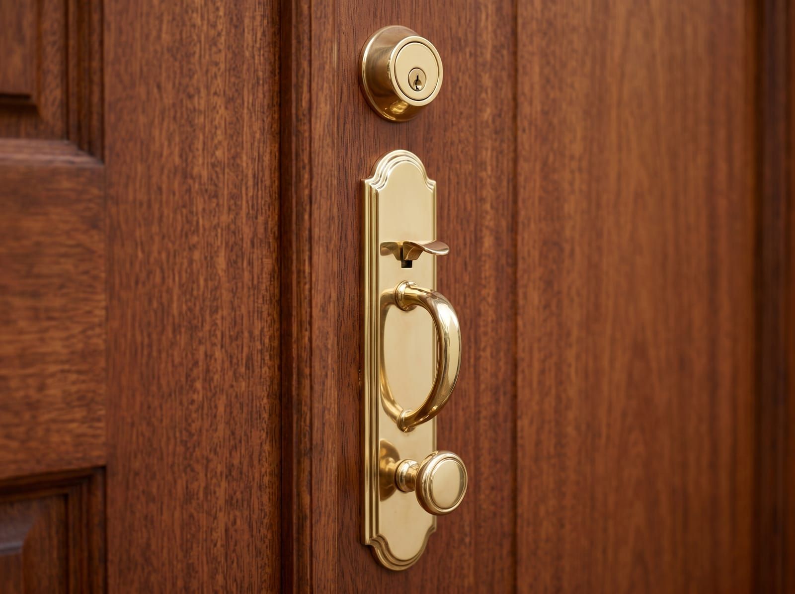 Close-up of a polished-brass Baldwin handleset and deadbolt on a stained mahogany door