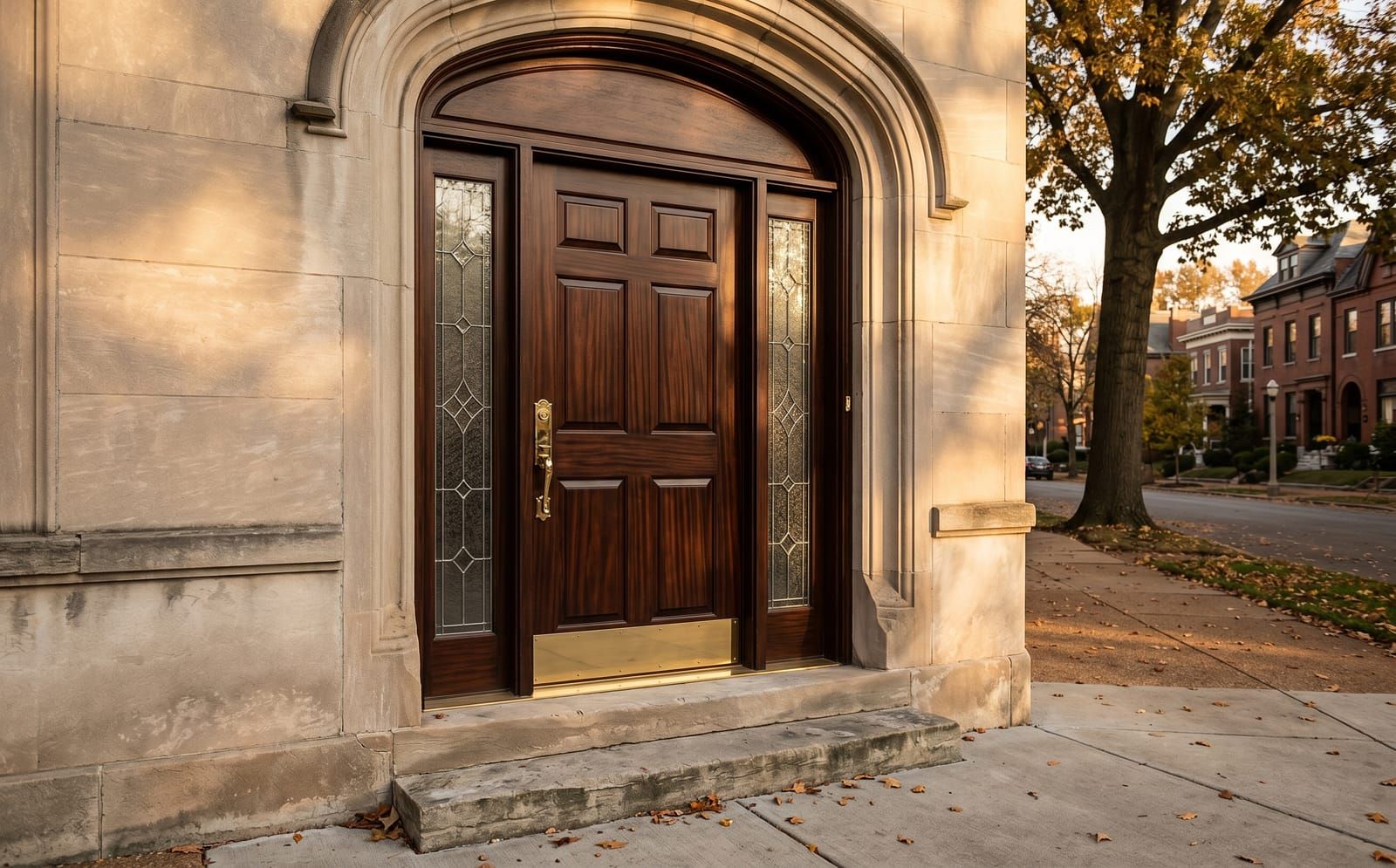 Solid mahogany entry door with leaded sidelights in a stone arch, Central West End