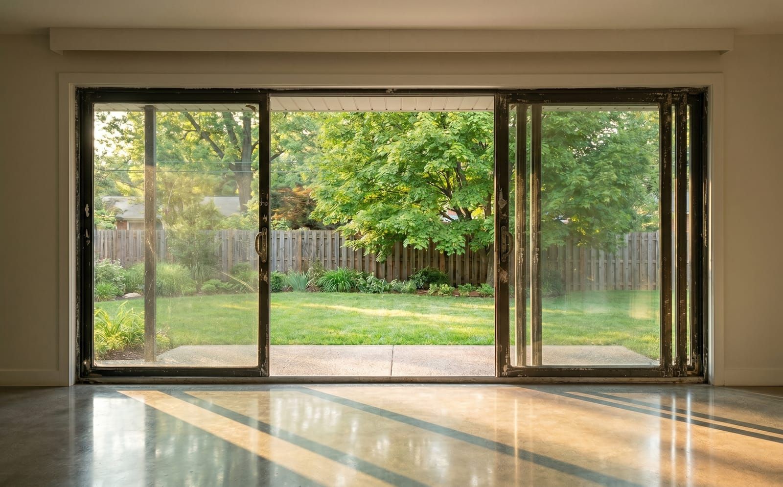 The original 1980s aluminum patio slider before replacement — oxidized frame, failed seals, in the same opening