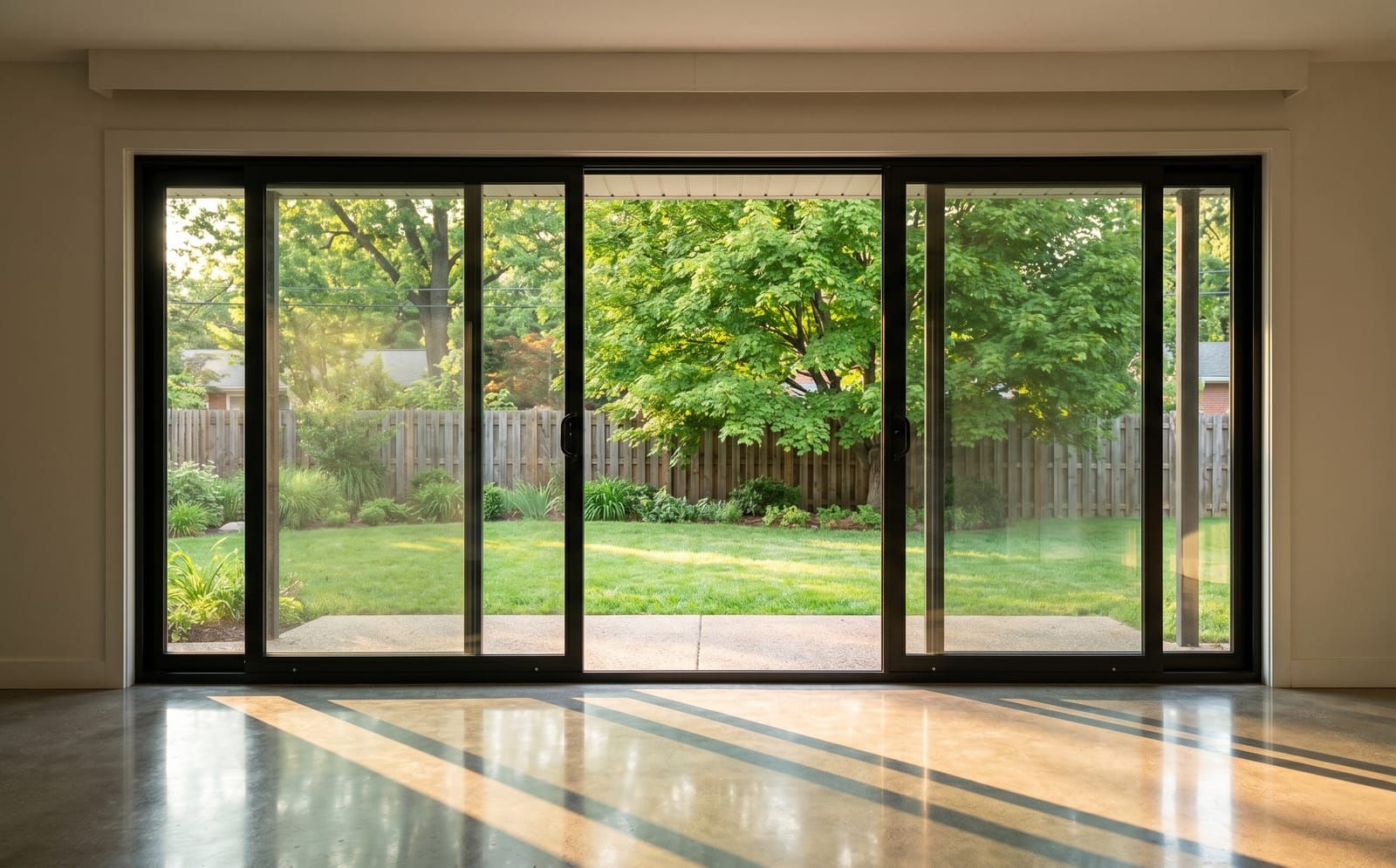 Wide black-frame multi-panel sliding patio door, Clayton