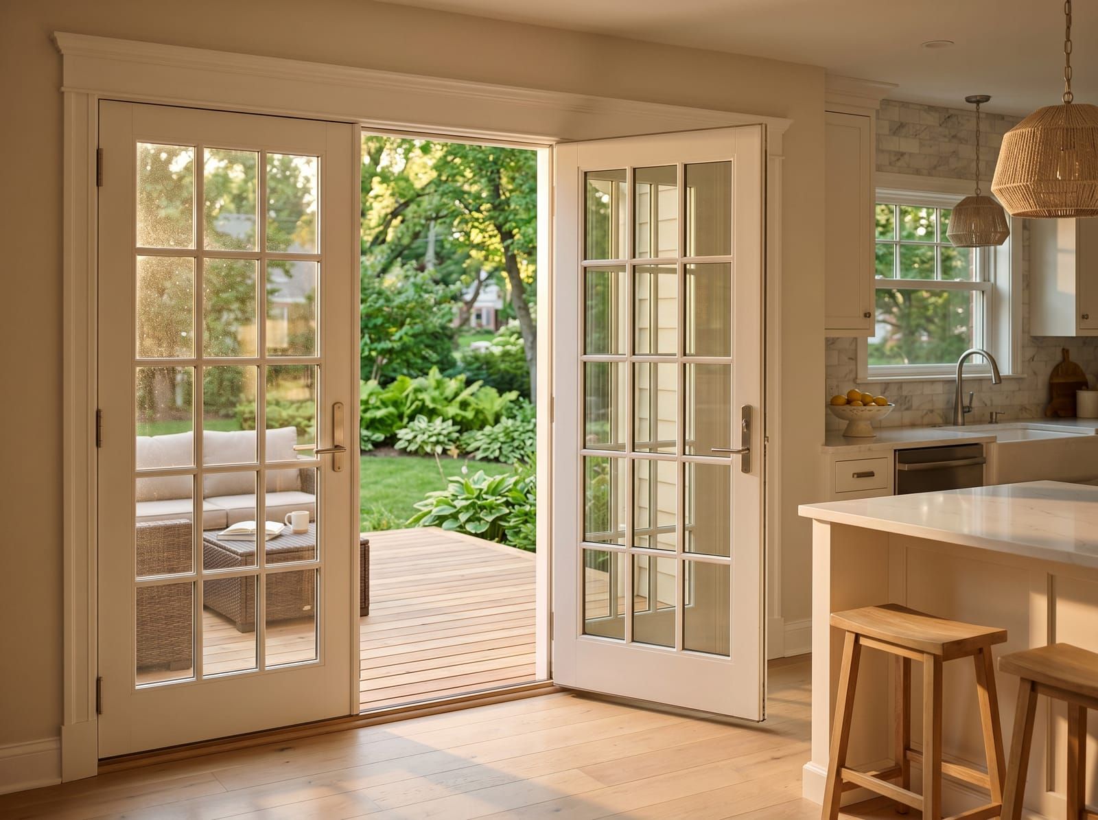 White French doors with divided lites opening from a kitchen onto a back deck