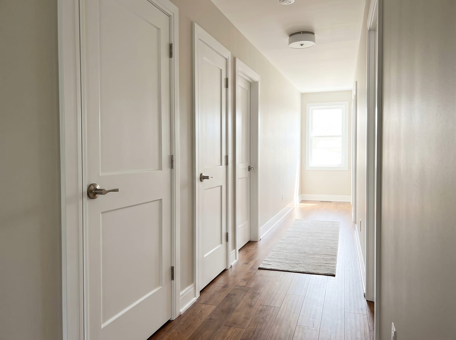Hallway with multiple white solid-core interior doors, brushed-nickel hardware, hardwood floors