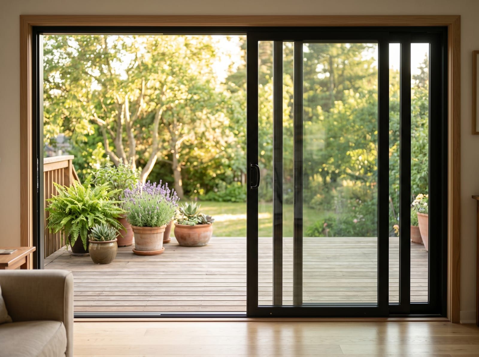 Black-frame sliding glass patio door open to a wood deck with potted plants
