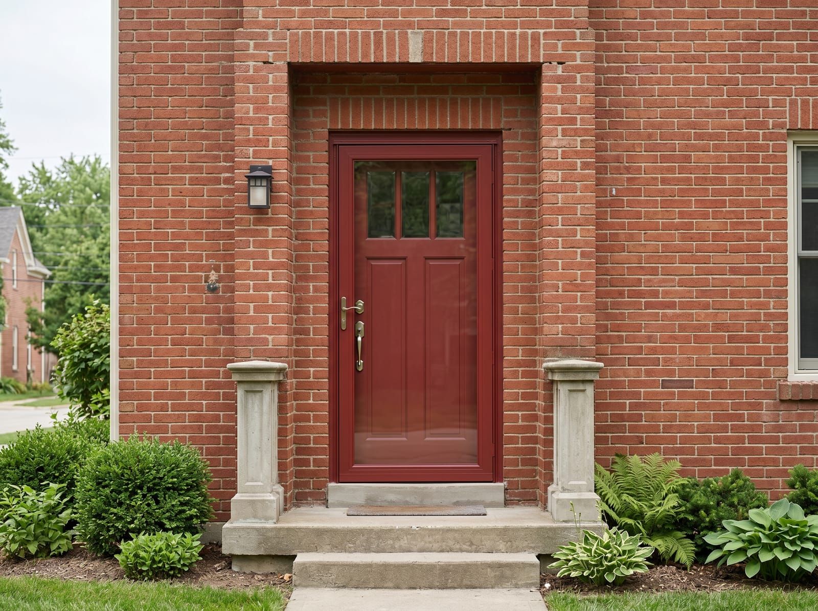 A full-view glass storm door installed over a navy painted main entry door on the brick porch of a Saint Louis craftsman home