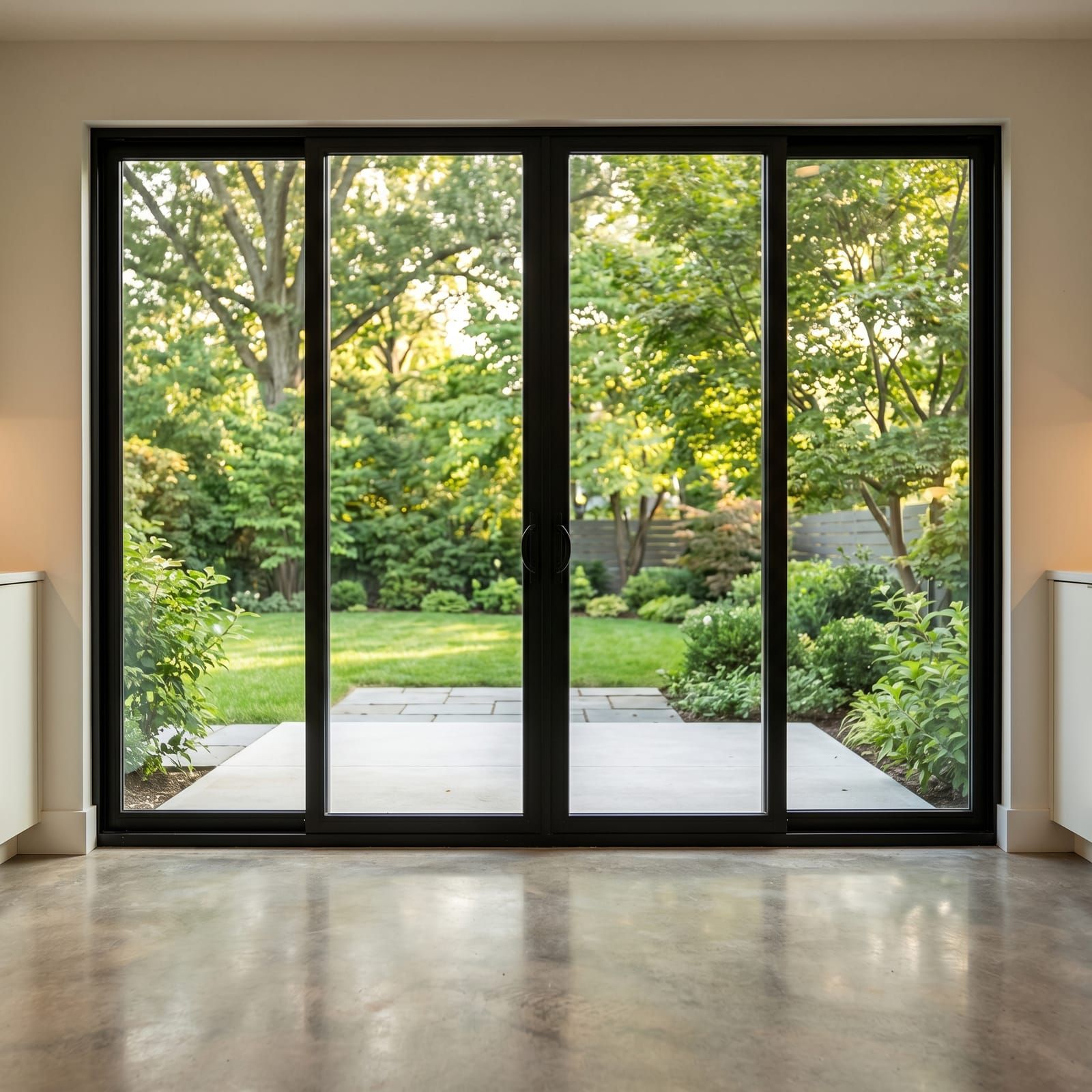 An 8-foot multi-panel black-frame sliding glass patio door installed on a Clayton, Missouri home, viewed from inside out to a green backyard