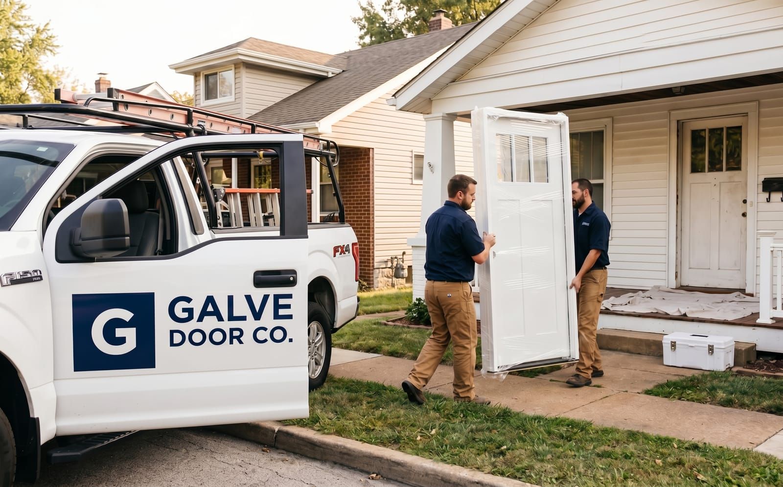 Two Galve Door Co. installers carrying a wrapped pre-hung exterior door from their branded white work truck to a Saint Louis bungalow porch with the old door still in place