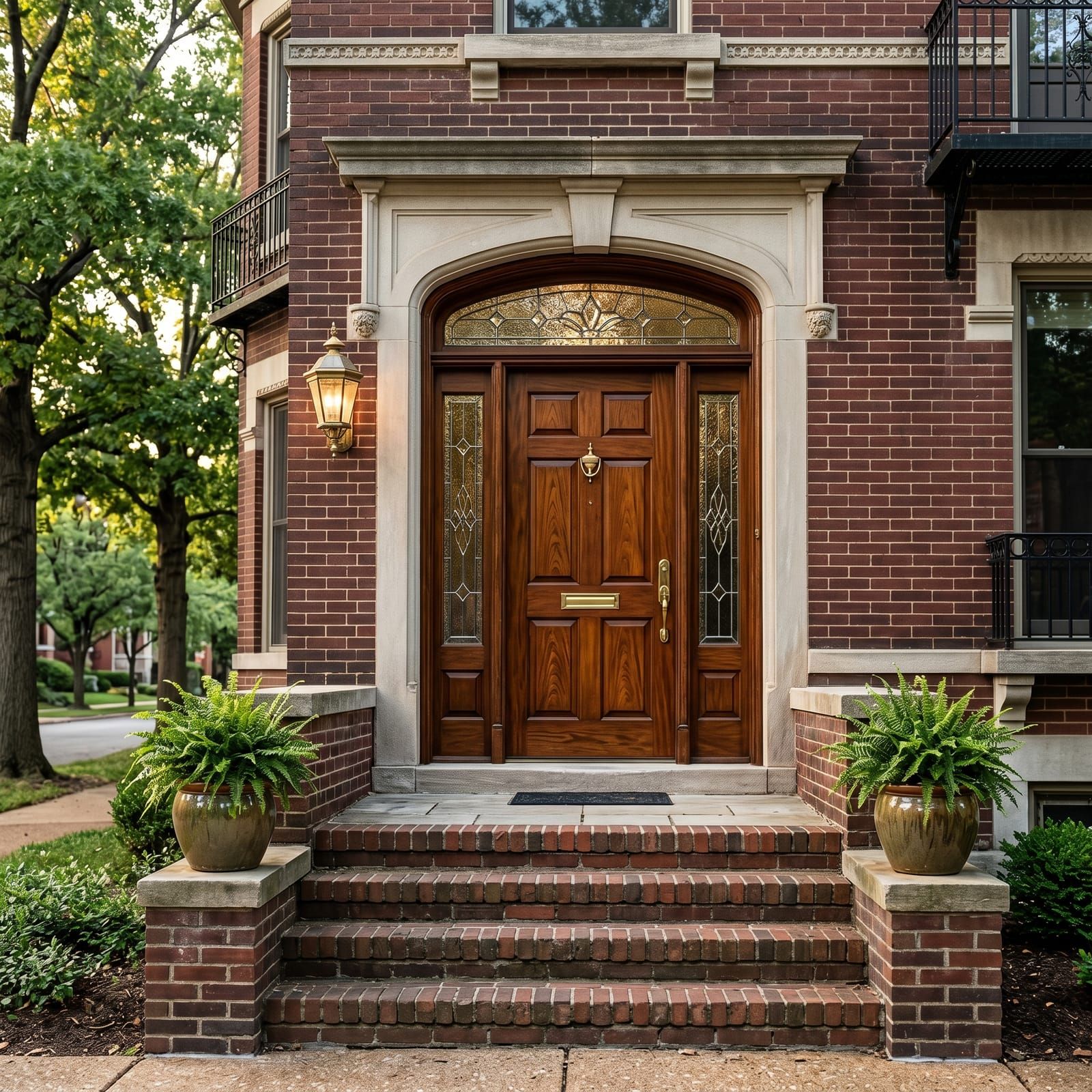 Solid mahogany front entry door with leaded-glass sidelights and transom on a Central West End brownstone