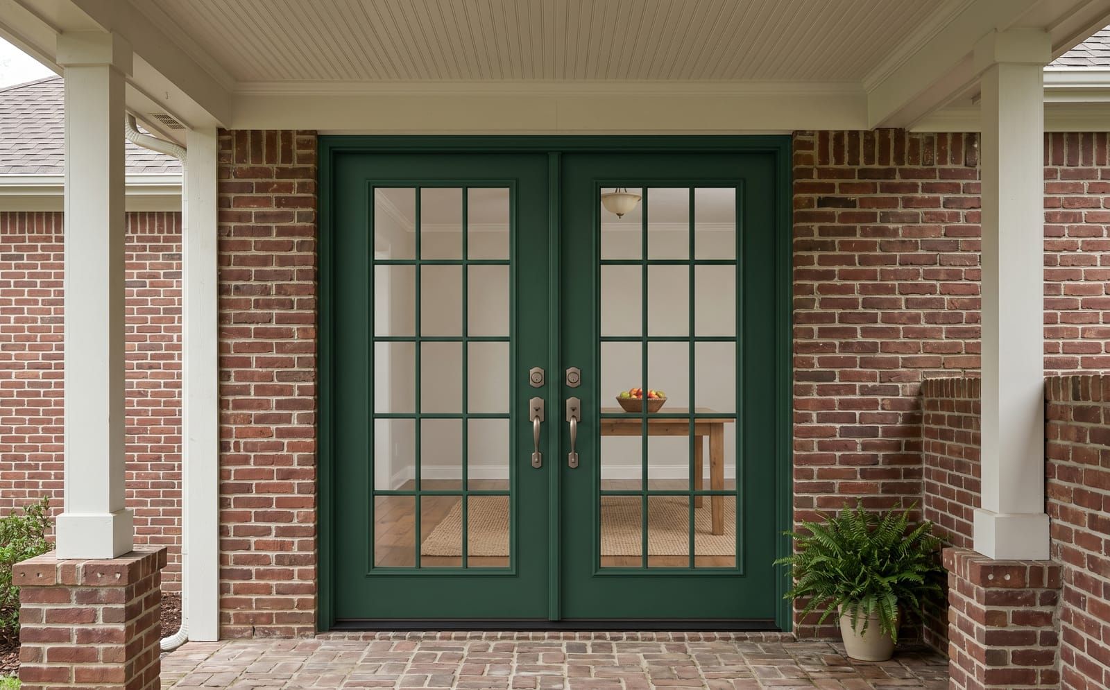 A pair of dark green exterior French doors with divided lites installed on a covered back porch of a brick home