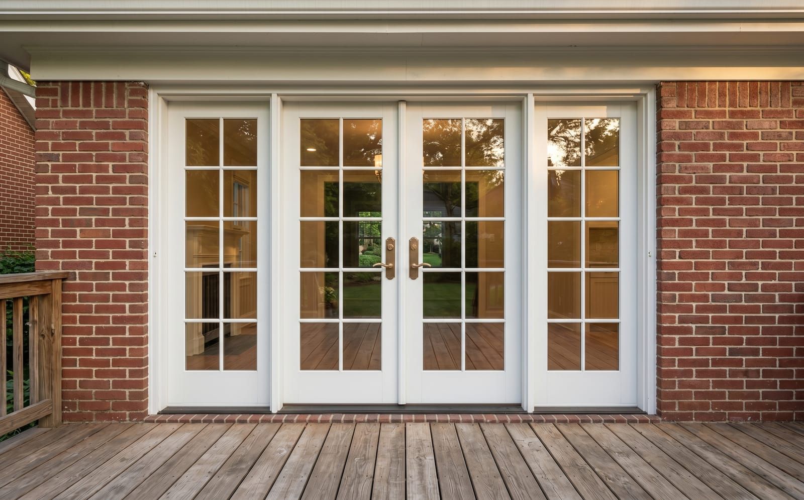 A pair of exterior white French doors flanked by full-glass sidelights, installed in a brick wall opening onto a wood deck of a Webster Groves home