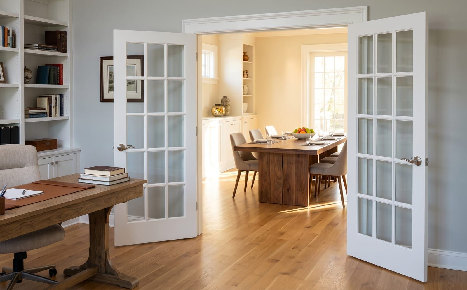 A pair of in-swing white interior French doors with frosted divided lites separating a home office from a dining room