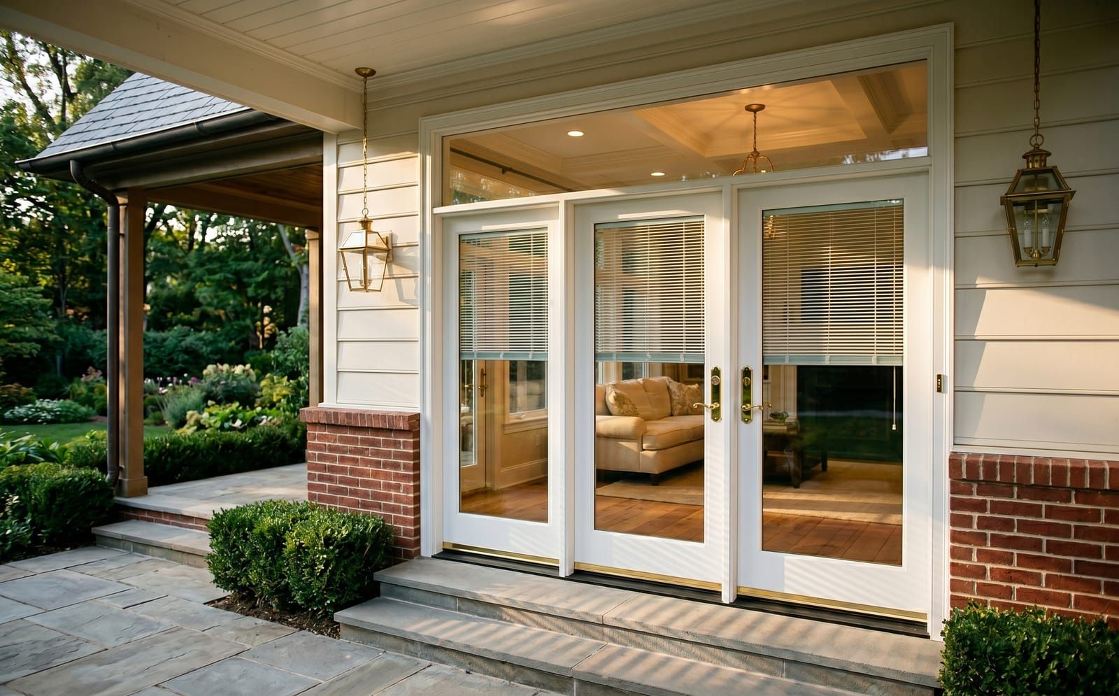 A pair of white French doors with built-in blinds between the glass under a rectangular transom window, installed on a stately Ladue brick-and-stone back porch