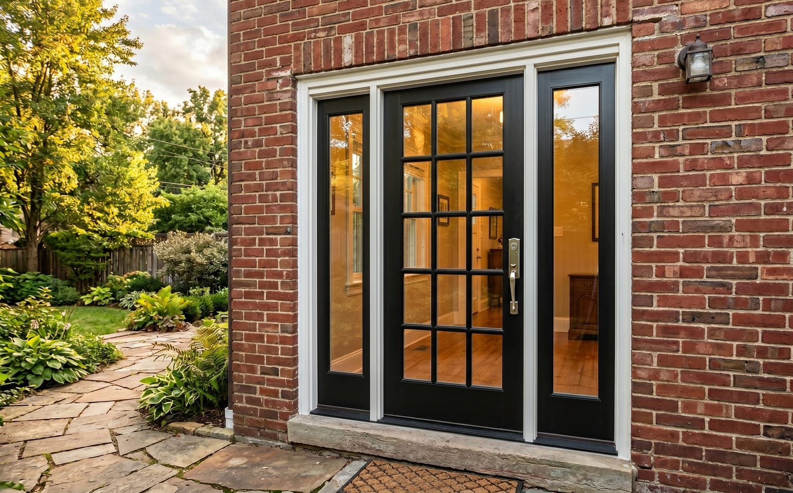 A single black French-style door flanked by full-glass sidelights, installed in a brick wall opening onto a flagstone path