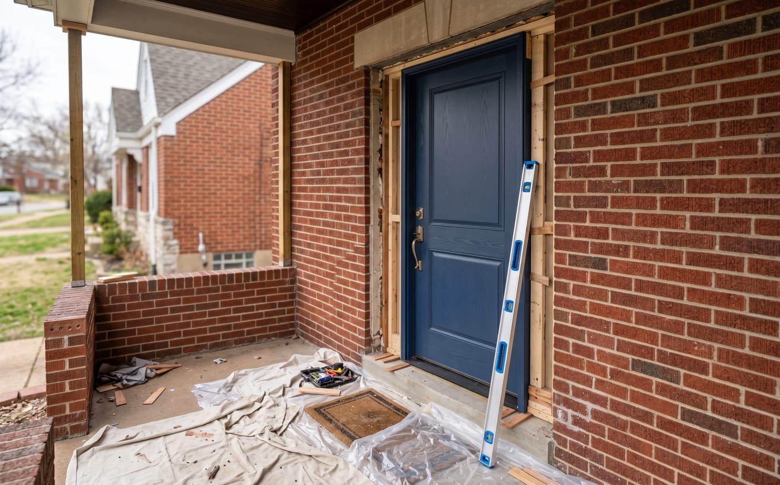 Navy fiberglass front entry door mid-install on a Saint Louis brick craftsman home — drop cloths, shims, and a level visible
