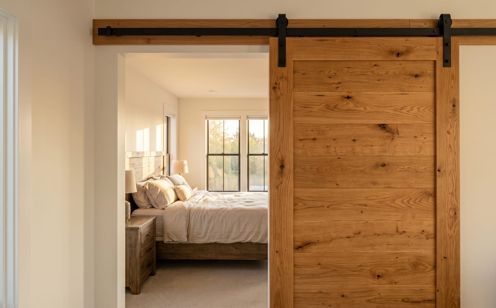 A reclaimed-wood barn door slid open on a black exposed steel track, revealing a primary bedroom with bedding and a window