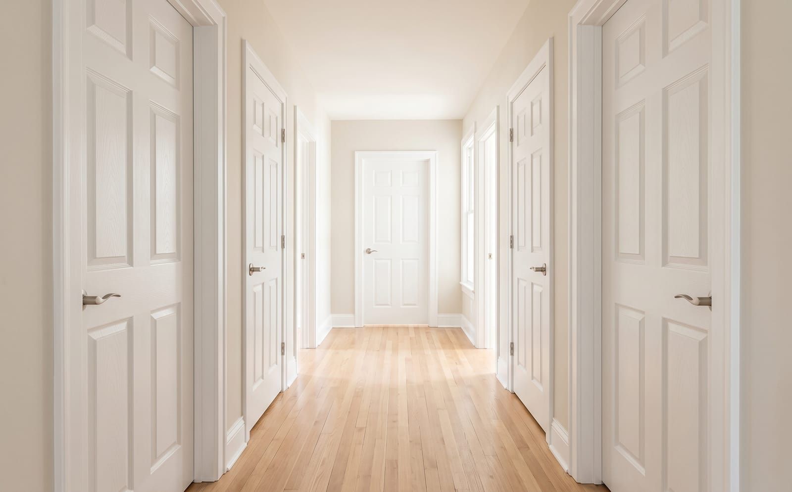Wide hallway in a renovated Saint Louis bungalow with five matching white 6-panel solid-core interior doors and brushed-nickel lever hardware