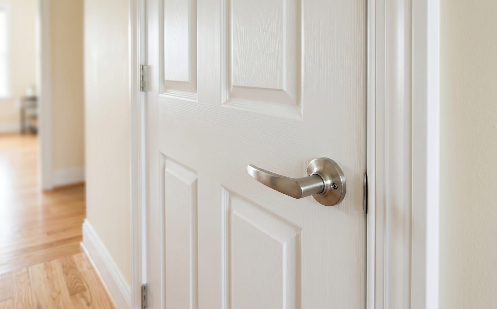 A close-up of a white solid-core 6-panel interior door with a brushed-nickel lever handle, hardwood floor visible