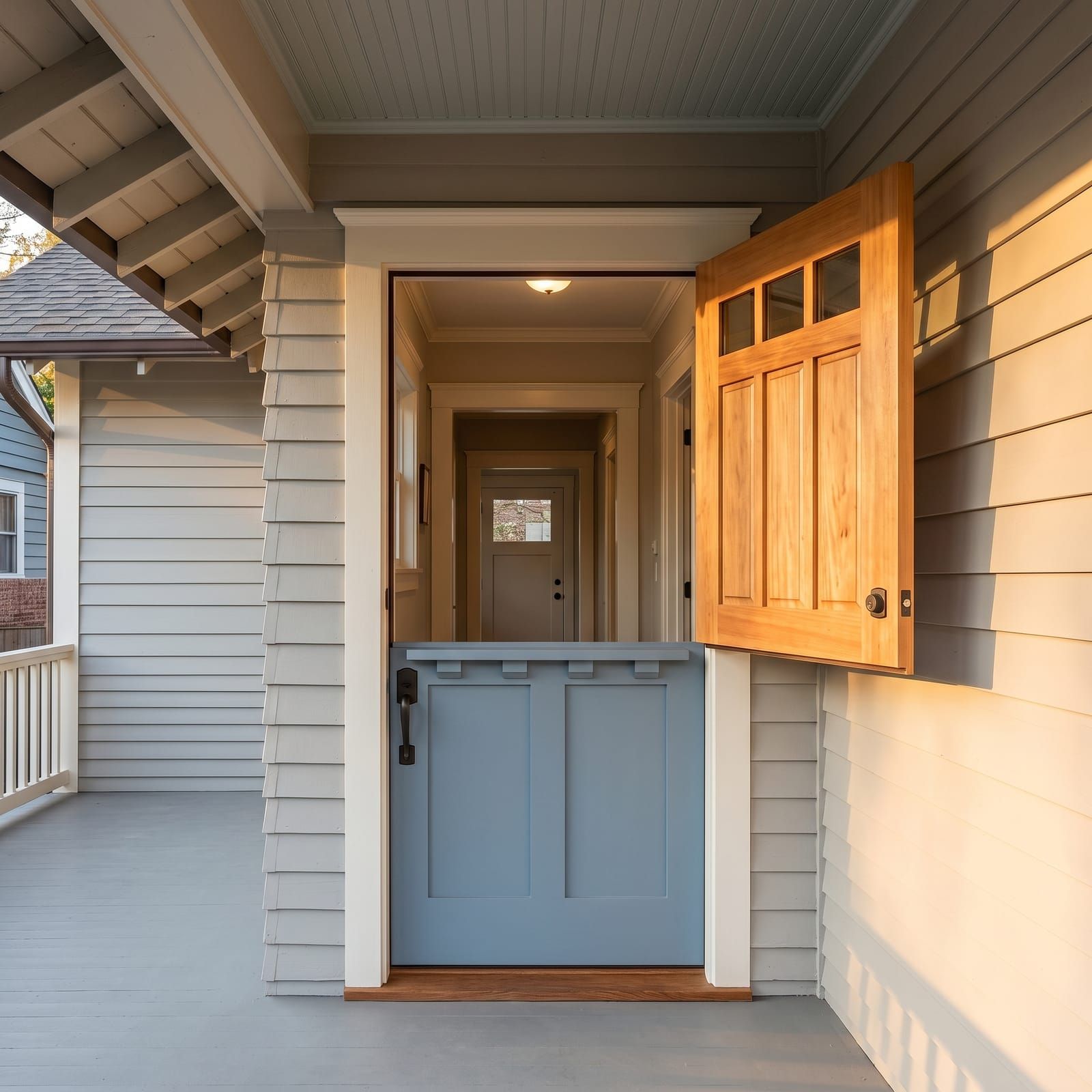 A solid wood Dutch door painted soft slate blue with the top half open, installed on a Kirkwood craftsman bungalow