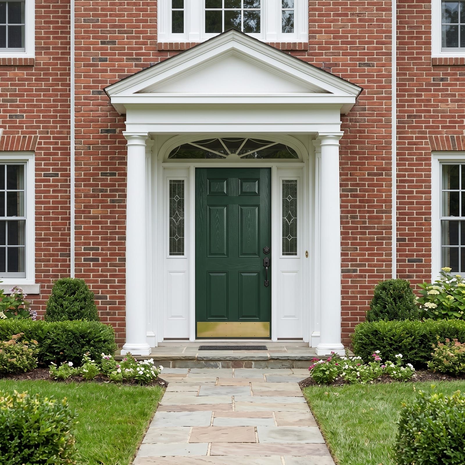 A dark green fiberglass front entry door with sidelights and a fanlight transom on a Ladue colonial-style brick home