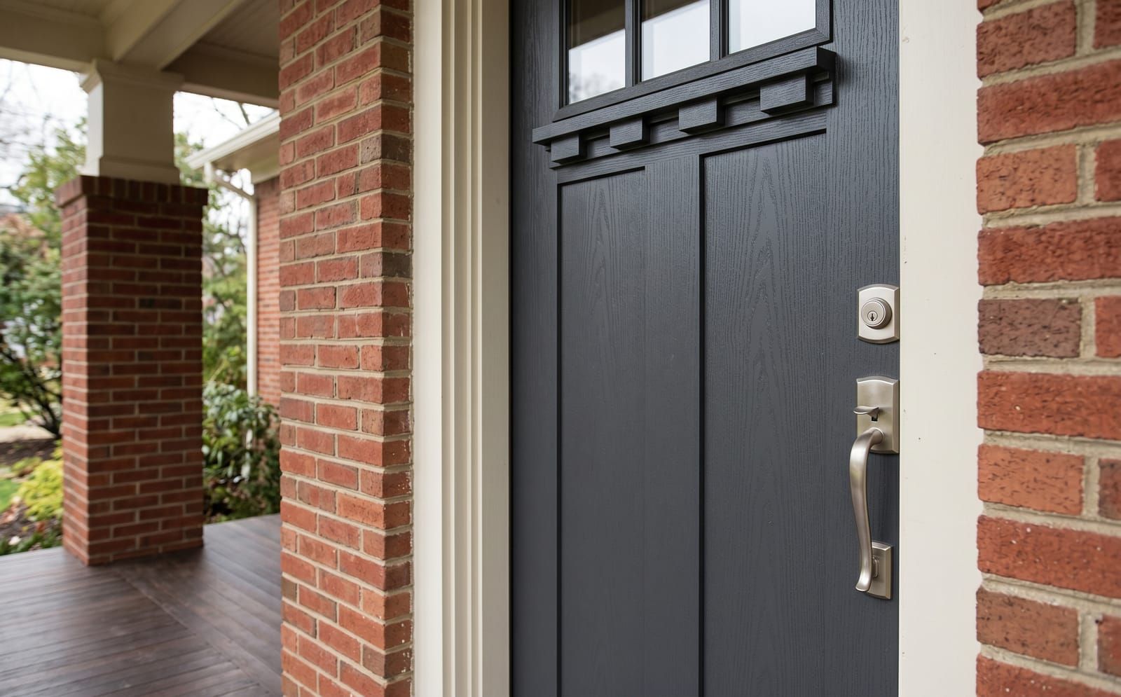 A charcoal fiberglass craftsman-style front entry door with brushed-nickel handleset on a brick home