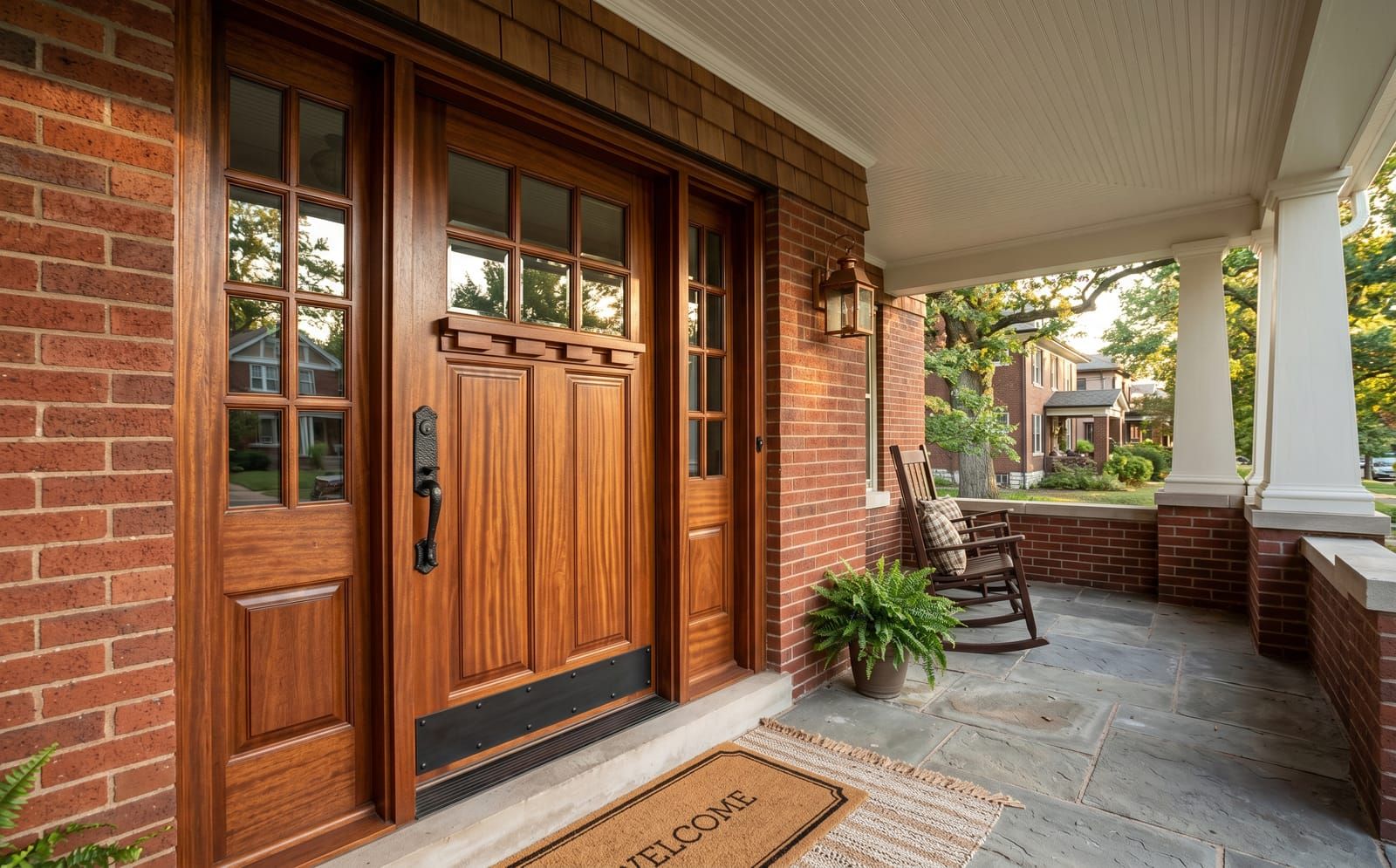 A natural-stained solid wood craftsman front entry door with sidelights on a covered brick porch
