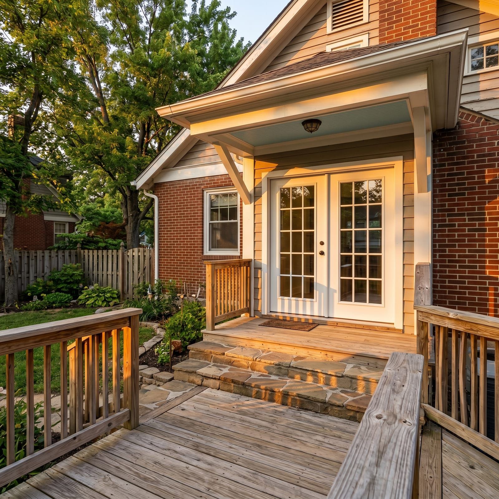 A pair of exterior white French doors with divided lites on a covered back porch of a Webster Groves bungalow